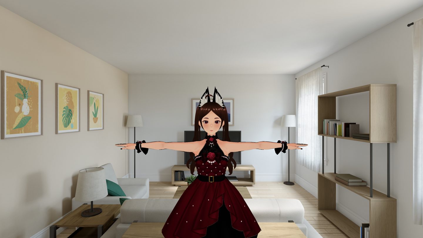 A VRM avatar in a red dress standing in a living room, composited over passthrough